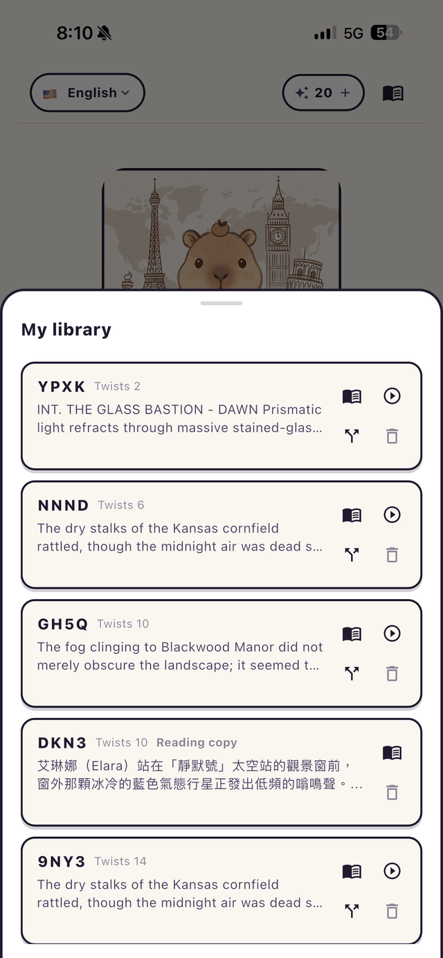 Saved stories in My library