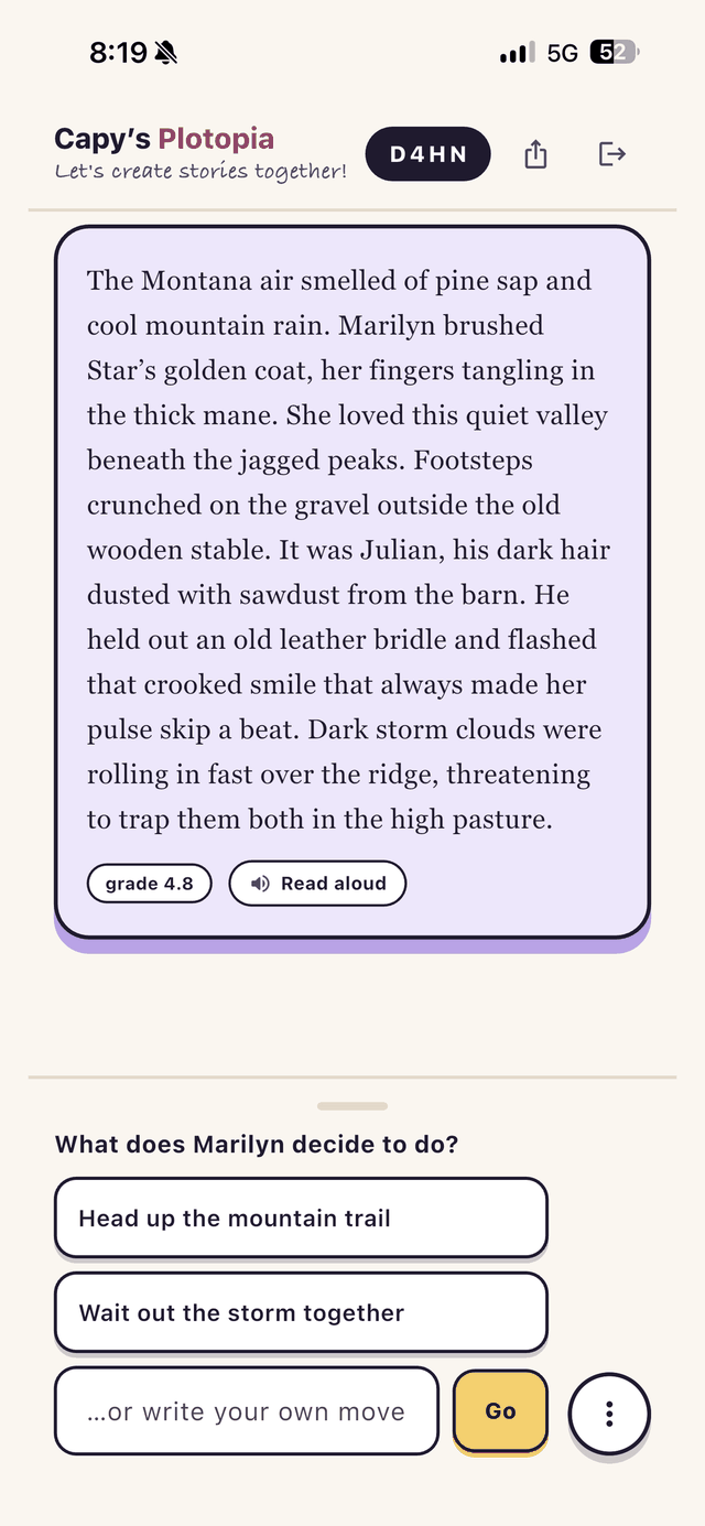 A passage of the story, with three choices for what happens next